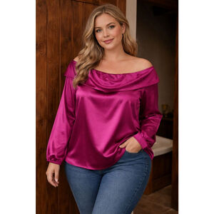 TCEC Magenta Satin Off Shoulder Blouse Size L | Silky Cowl Neck Top